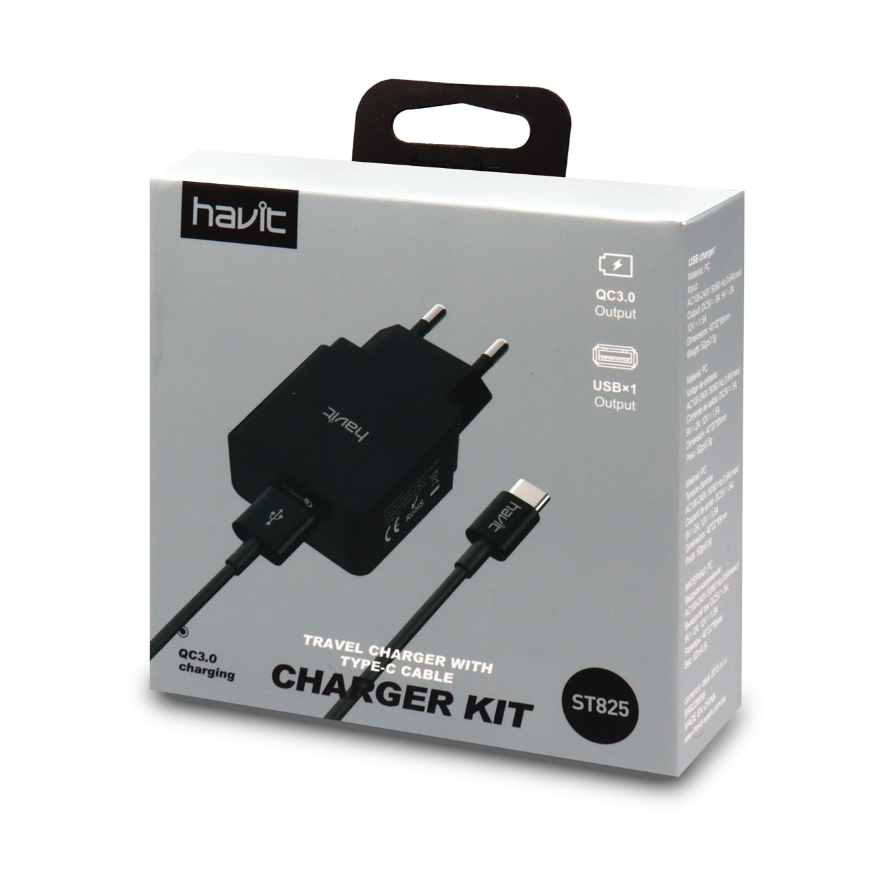 Cargador USB Quickcharge 3.0 5V 3.0A Con Cable Tipo C HV-ST825 Negro / Blanco